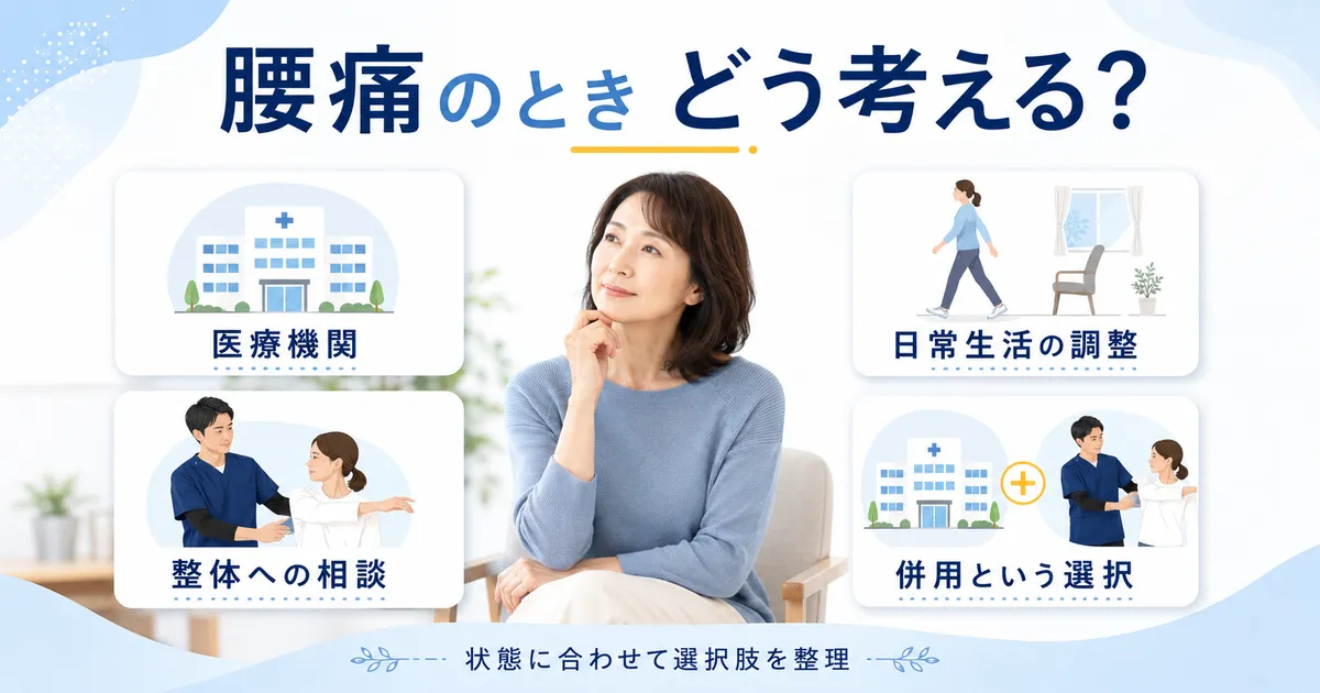 腰痛の相談先を医療・セルフケア・整体・医療と整体の併用の4つに分けて考える図