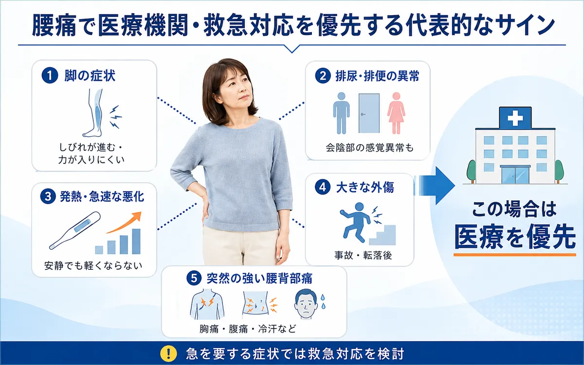 しびれや筋力低下、排尿排便異常、発熱、大きな外傷など医療を優先する腰痛のサイン