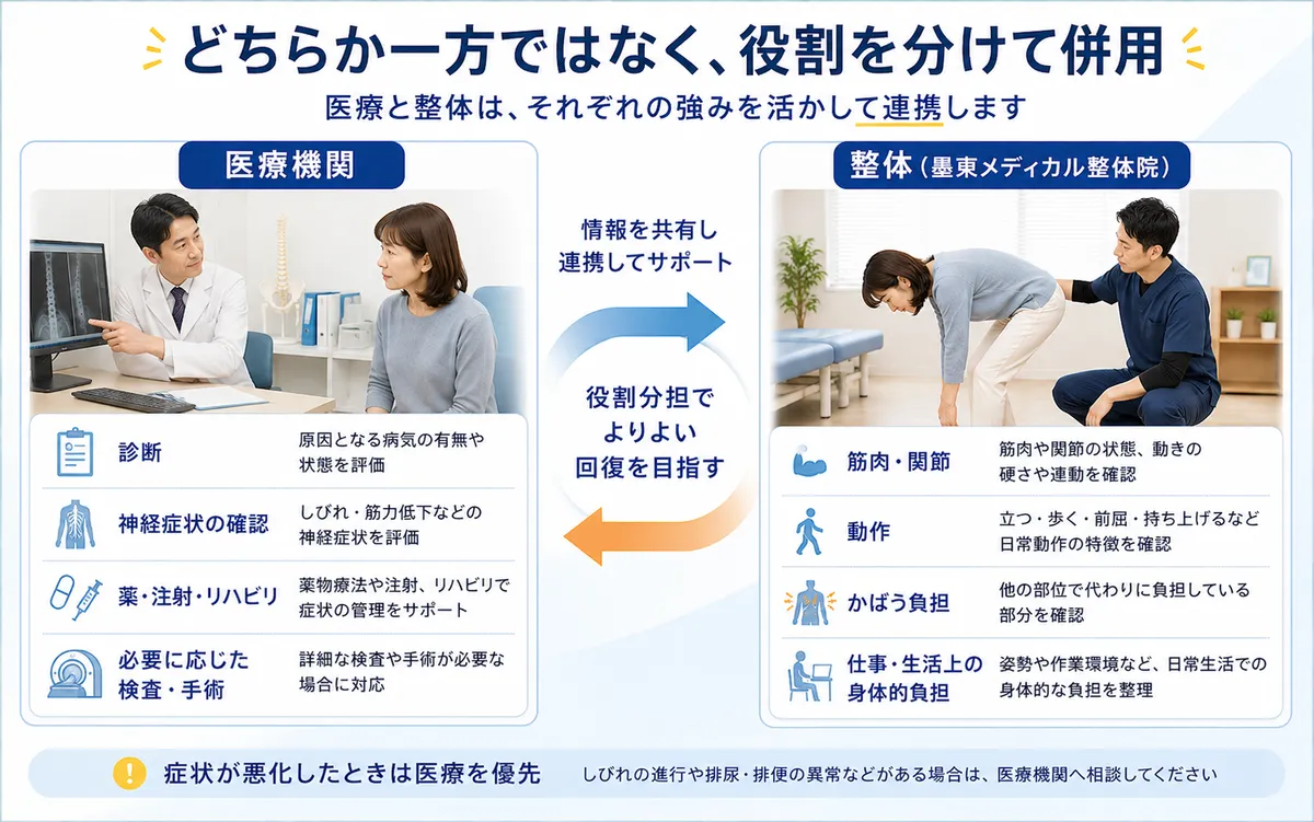 医療機関での診断や管理と整体での筋肉・関節・動作など身体的負担への対応の役割分担