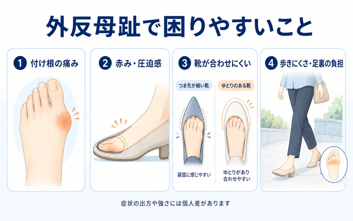 外反母趾でみられる親指付け根の痛みや靴の圧迫、歩きにくさを示した図