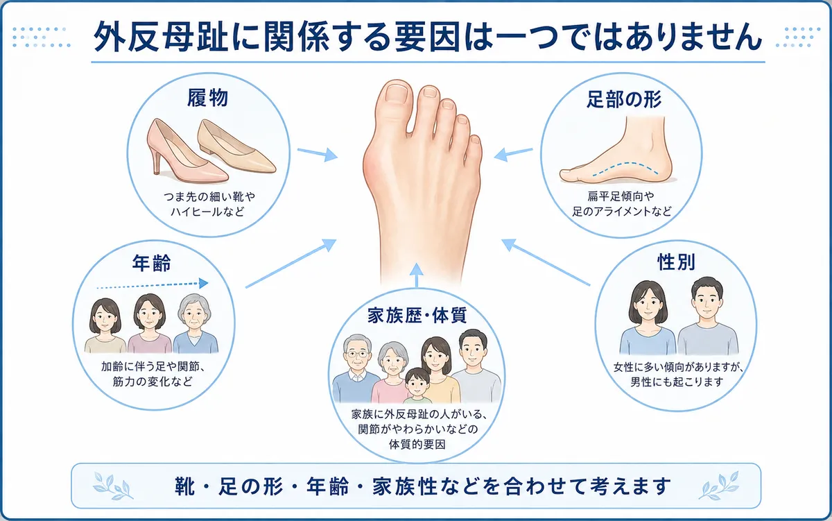 外反母趾に関係する履物や足部形態、年齢、性別、家族歴など複数の要因を示した図