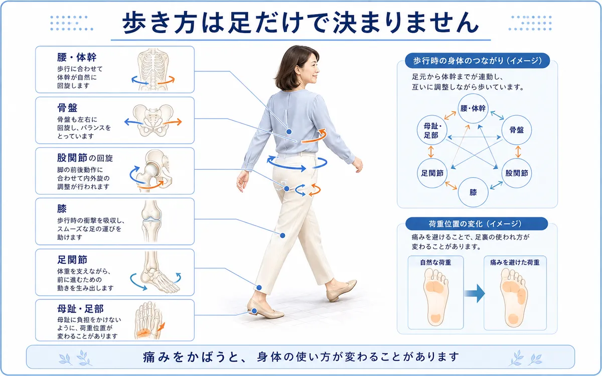 外反母趾で足をかばう際の足部から股関節、骨盤、腰までの歩行時の連動を示す図