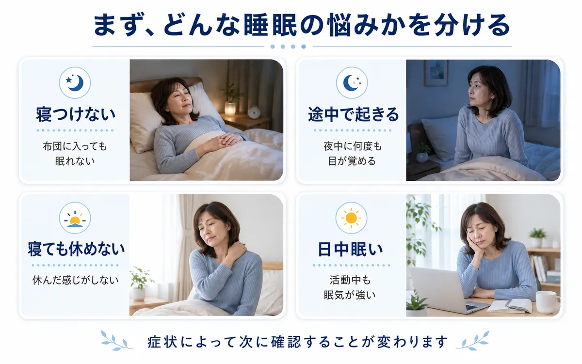 寝つけない、途中で起きる、寝ても休めない、日中眠いという4つの睡眠の悩みを整理した図