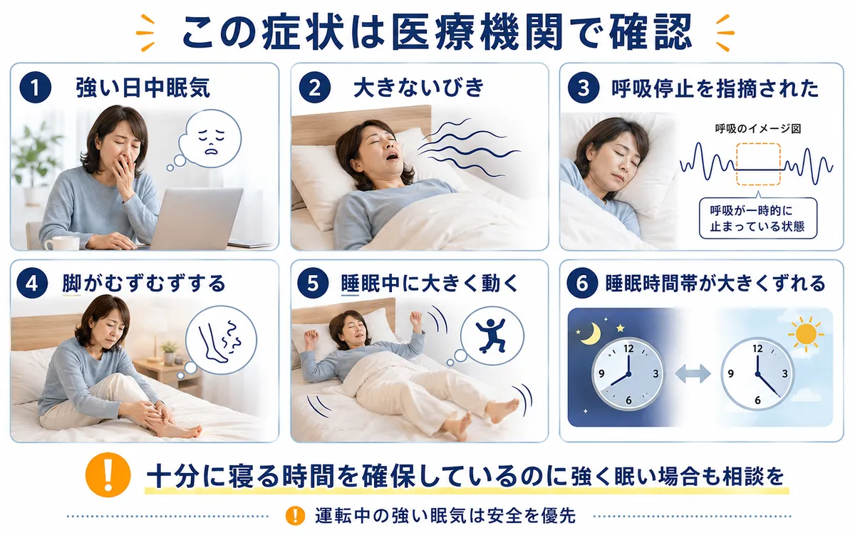 強い日中眠気、大きないびき、呼吸停止、脚のむずむず、睡眠中の異常行動など医療機関で確認したい睡眠症状
