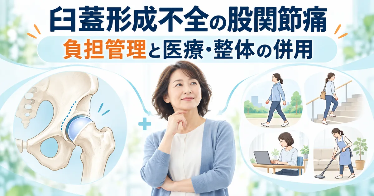 臼蓋形成不全の股関節痛について骨の形と日常生活の負担を分けて考えるイメージ