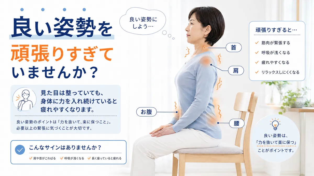 良い姿勢を作ろうとして首・肩・腰・お腹へ必要以上の力が入っている女性