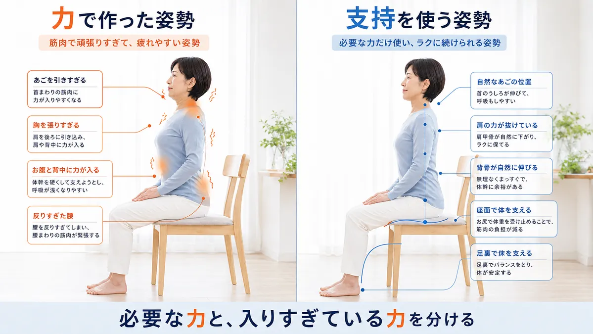 身体を力ませて作る姿勢と足や座面の支持を使って無理なく身体を起こす姿勢の比較