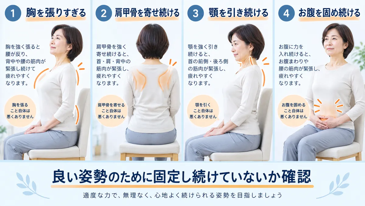 胸を張る・肩甲骨を寄せる・顎を引く・お腹を固める姿勢の力みを示した図