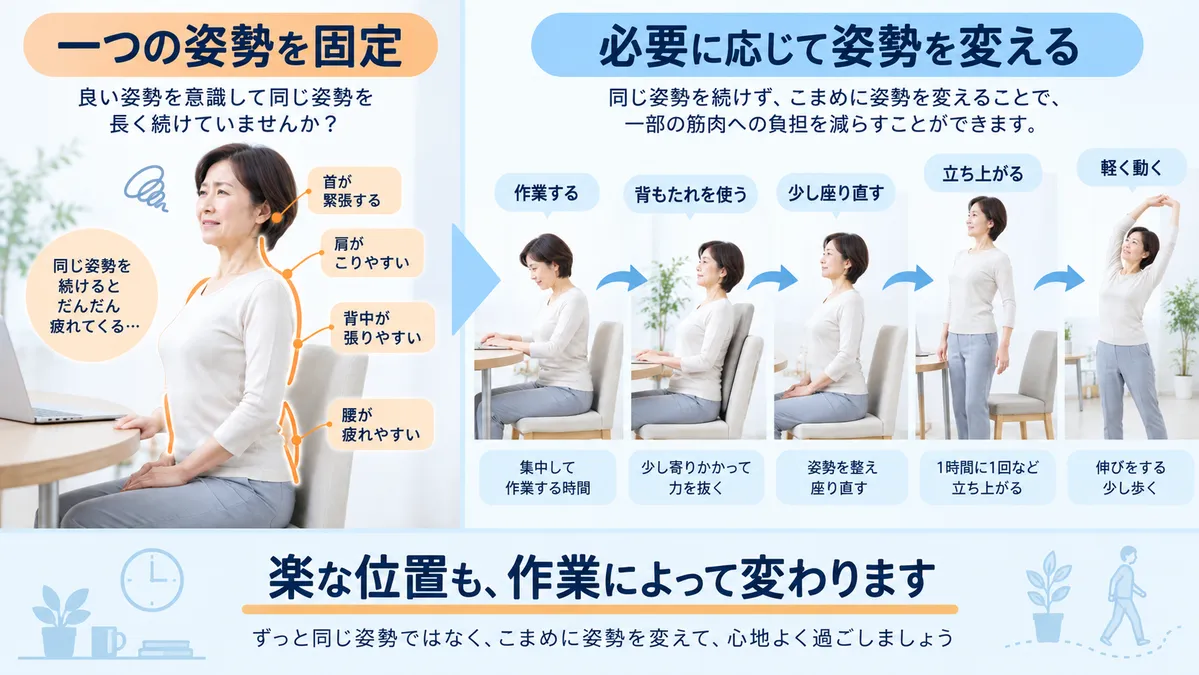 一つの姿勢を長時間固定する状態と座り直すなど自然に姿勢を変える状態の比較