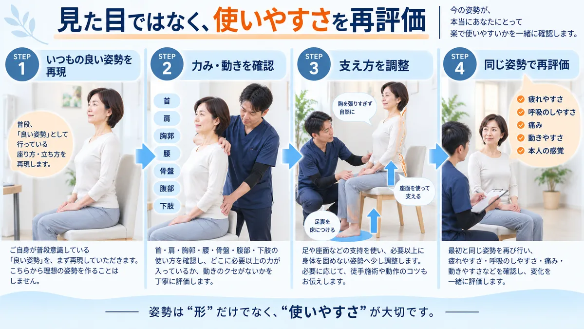 本人の良い姿勢を再現し力みを確認して支え方を調整し同じ姿勢で再評価する流れ