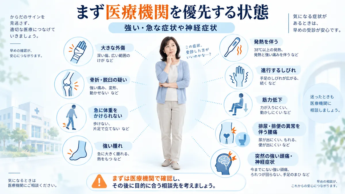 強い外傷や神経症状など整体より医療機関での確認を優先する状態