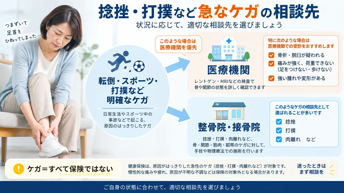 捻挫や打撲など急なケガで医療機関または整骨院・接骨院を検討する図