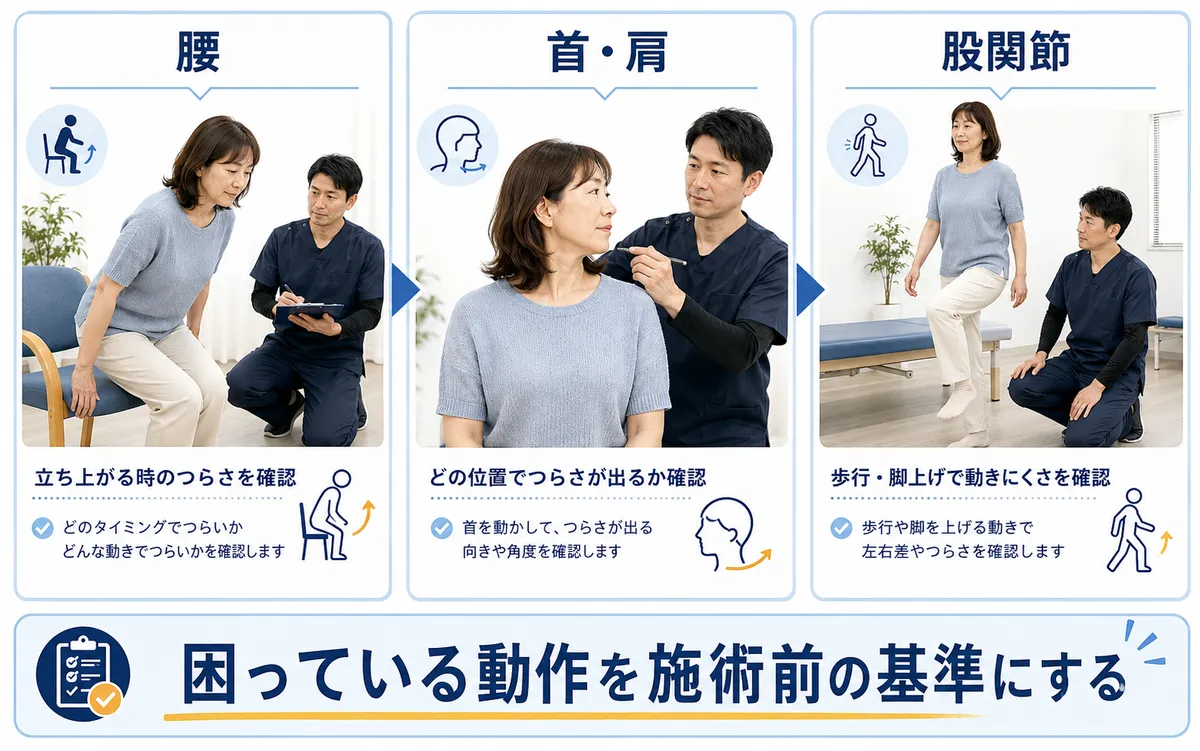 整体の施術前に腰・首肩・股関節で本人が困っている動作を確認する様子