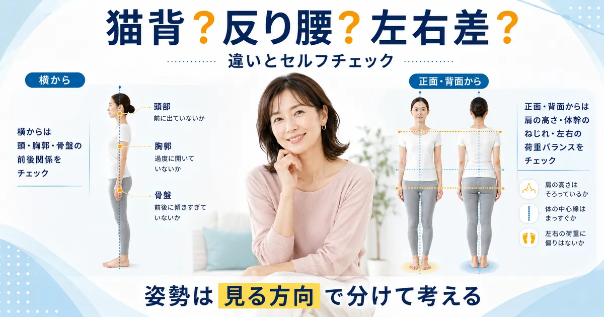 猫背・反り腰・骨盤左右差を横と正面から観察するポイントを示した図