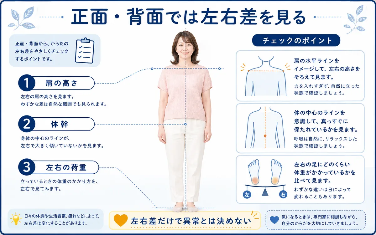 正面から肩の高さ・体幹の傾き・左右への荷重を観察する姿勢セルフチェック図