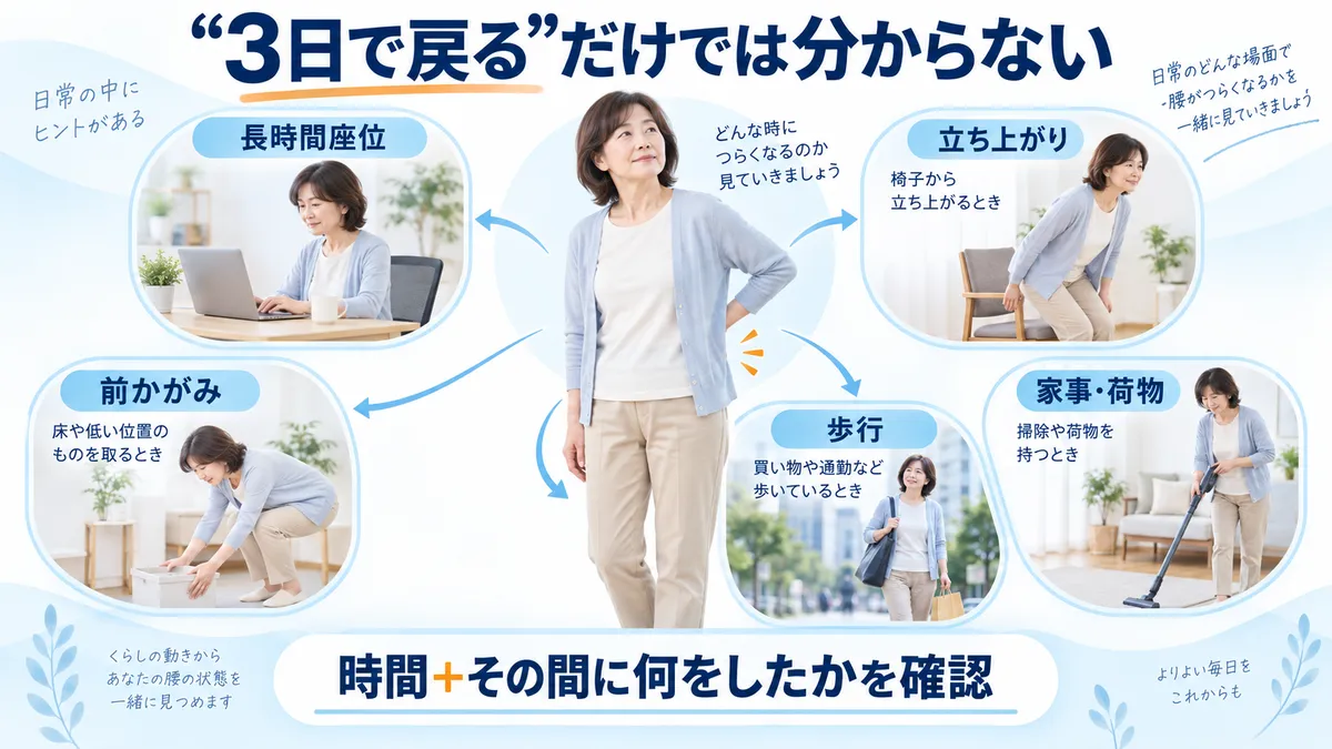 長時間座位や立ち上がり前かがみ歩行など腰痛が再び出る生活場面