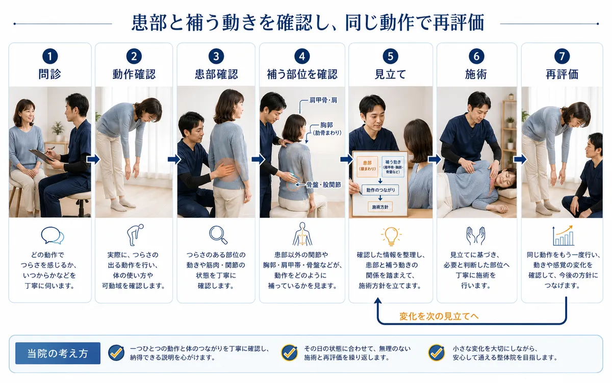 問診から患部と補う部位の確認、施術、同じ動作での再評価までの流れ