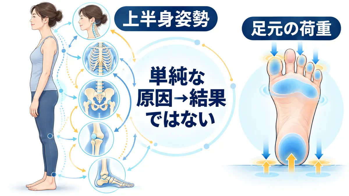 上半身姿勢と足裏の荷重は関係し得るが単純な原因と結果ではないことを示す図