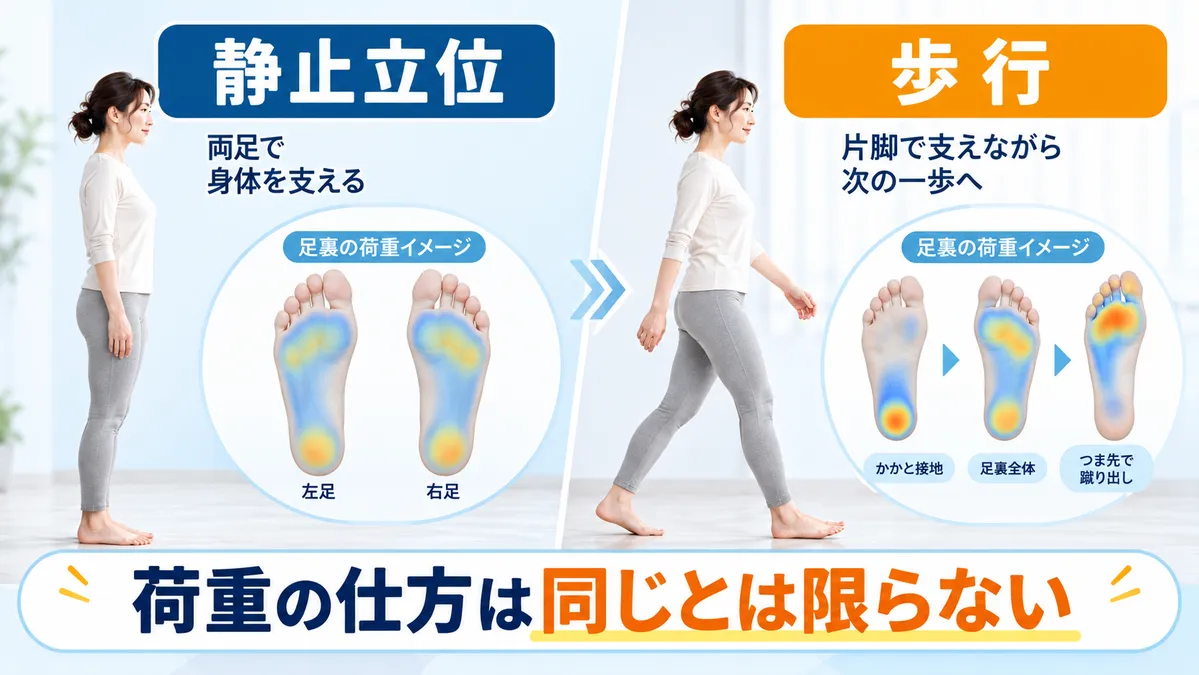 静止立位と歩行では足裏への荷重の仕方が異なることを比較した図