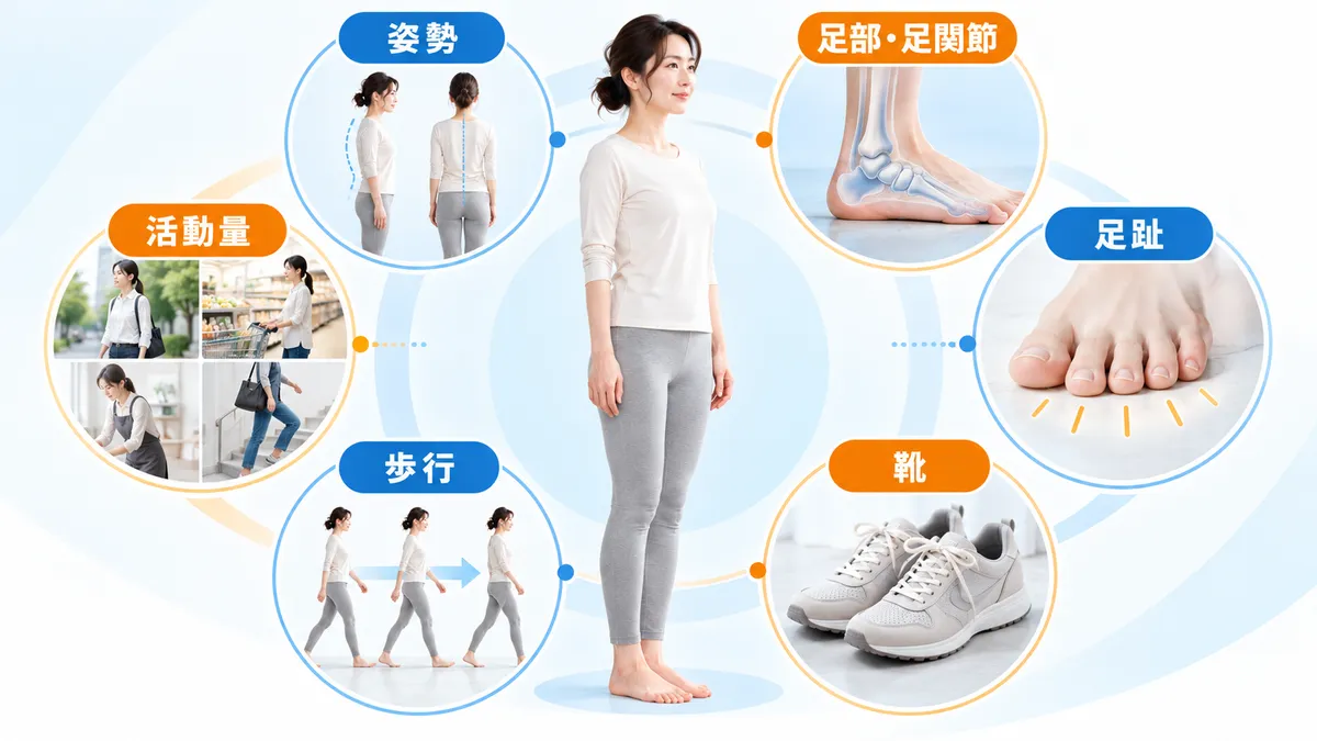 足部痛では姿勢だけでなく足部・足関節・足趾・靴・歩行・活動量を確認する図