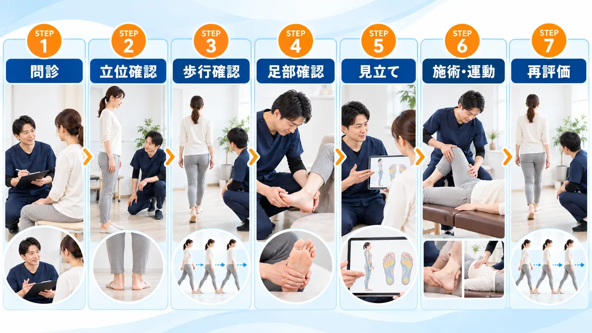 問診から立位・歩行・足部確認、見立て、施術・運動、同じ動作での再評価までの流れ