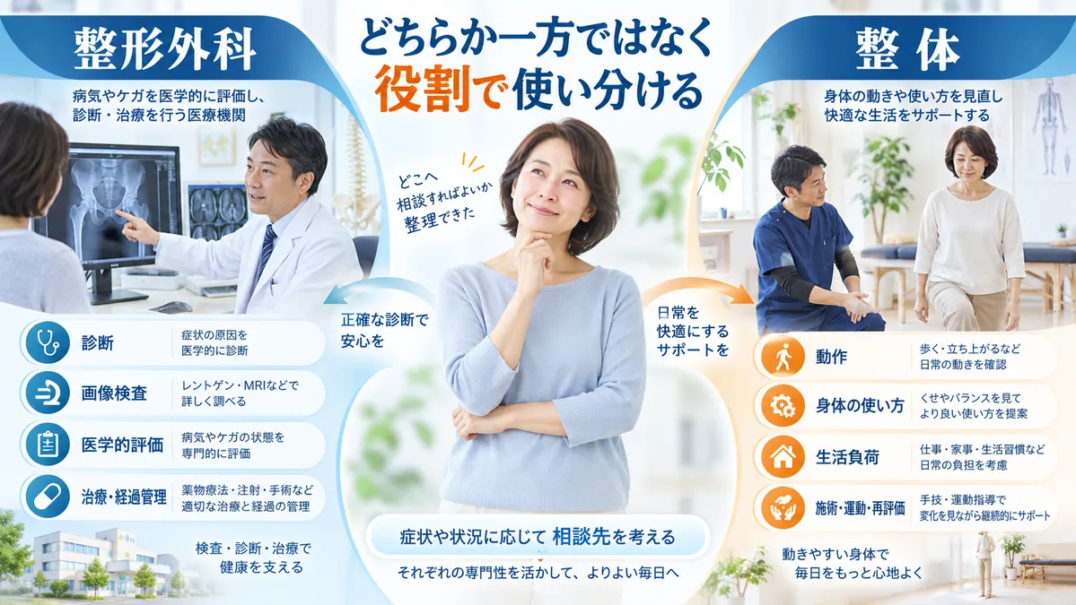 股関節痛に対する整形外科の医学的評価と整体の動作・生活負荷確認の役割分担