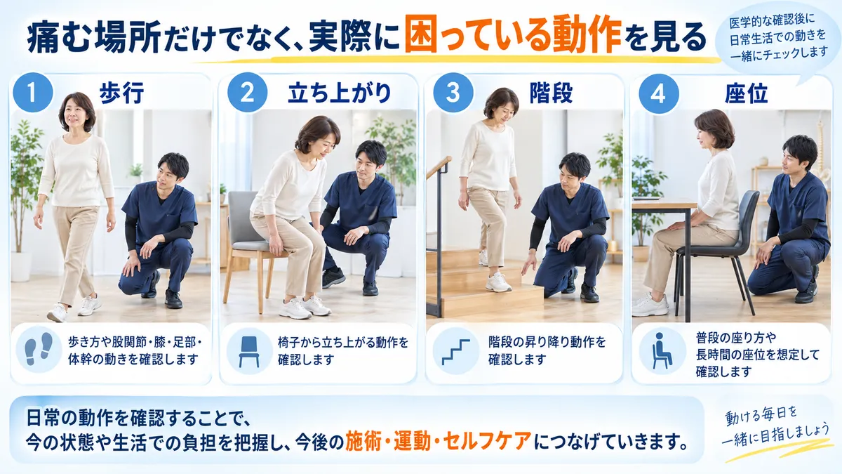 医学的確認後に整体で歩行や立ち上がり、階段、座位の動作を確認する様子