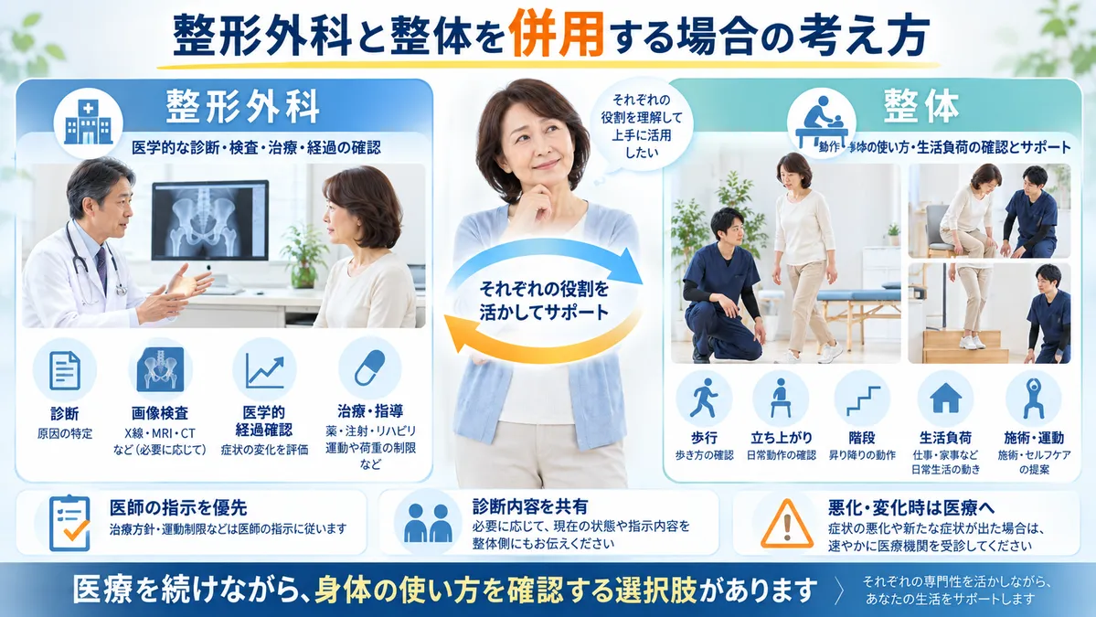 整形外科での診断や経過管理と整体での日常動作確認を併用する役割分担