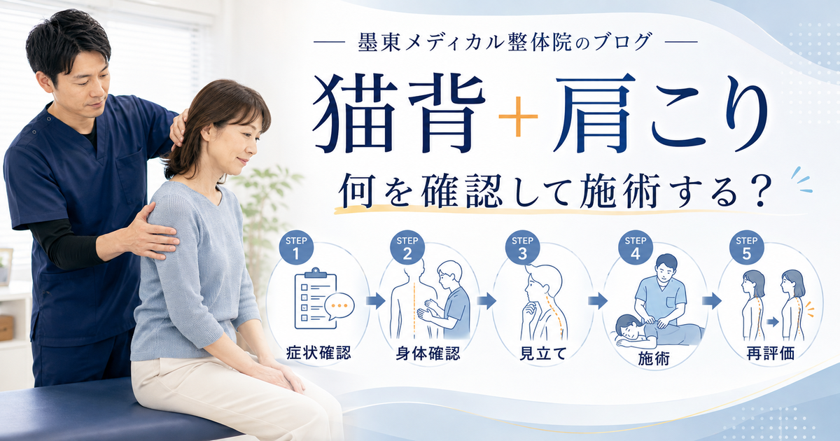 猫背と肩こりの患者に症状確認・身体確認・見立て・施術・再評価を行う整体の流れ