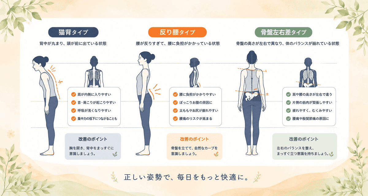 猫背・反り腰・骨盤左右差など姿勢の歪みを3タイプで比較し、改善ポイントを解説したイラスト