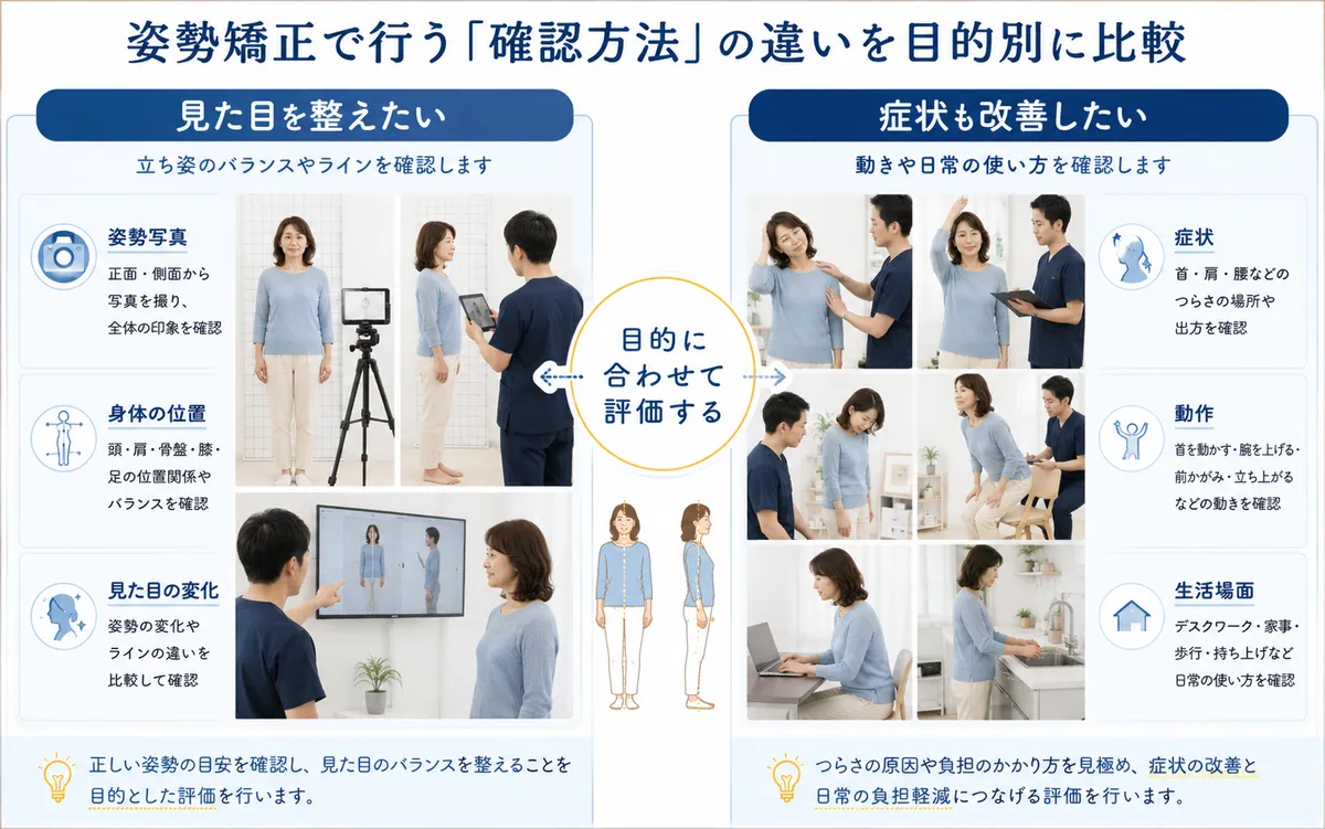 姿勢矯正の整体で首・腕・立ち上がり・仕事姿勢など困っている動作を確認する様子