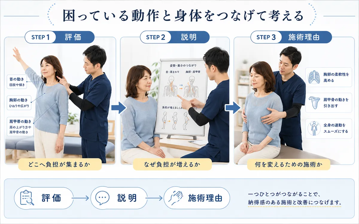 姿勢矯正の施術前後に同じ動作を行い身体の変化を再評価する流れ