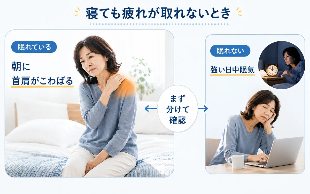 寝ても疲れが取れない状態を朝の首肩こりと睡眠そのものの問題に分ける図