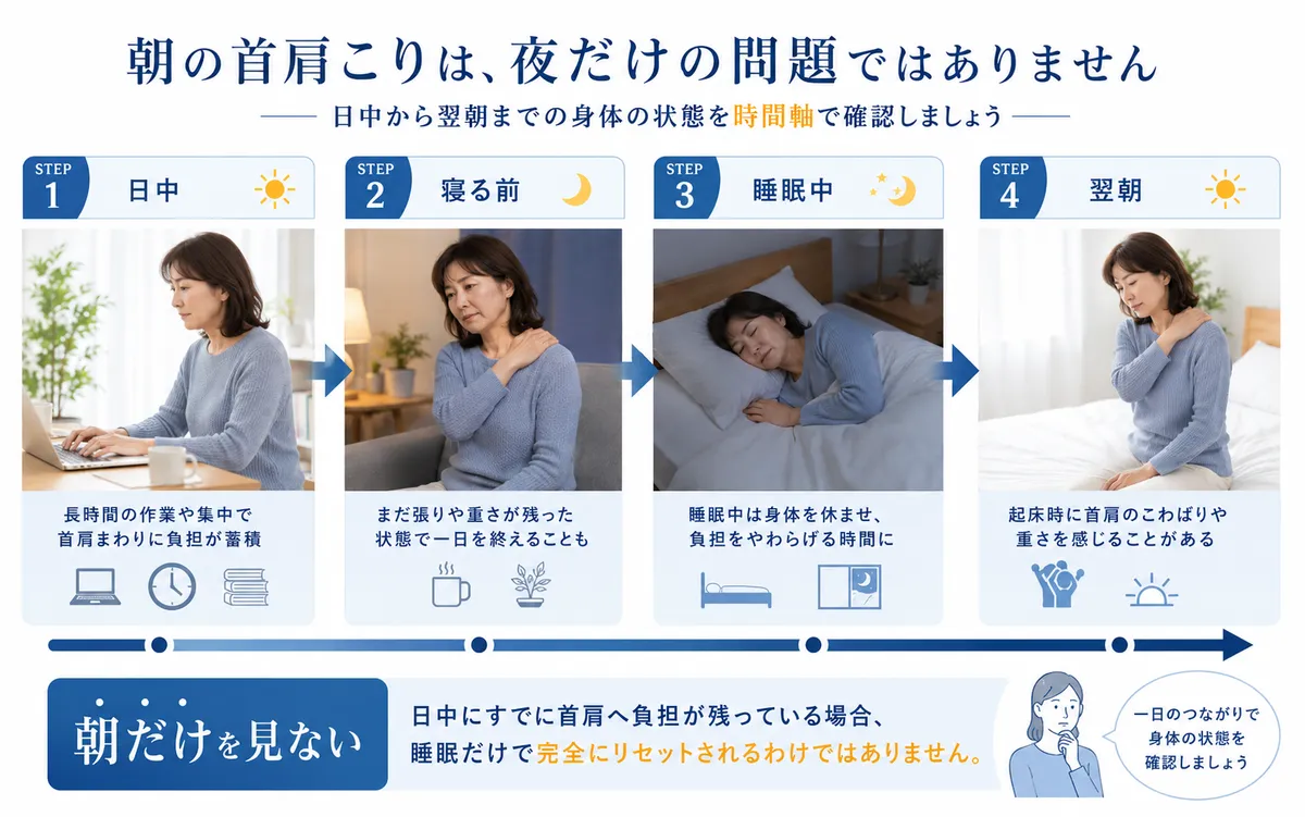 日中のPC作業から寝る前、睡眠中、翌朝まで首肩の状態を確認する流れ