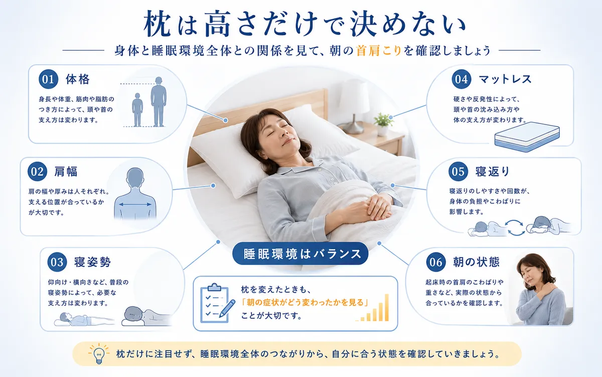 枕を高さだけで決めず体格や肩幅、寝姿勢、マットレス、朝の症状から考える図