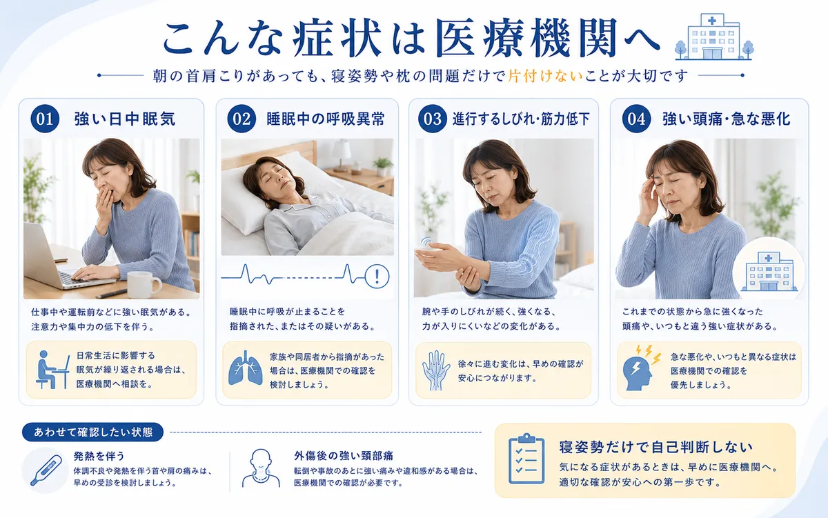 朝の首肩こりとともに強い日中眠気や呼吸異常、進行する神経症状がある場合の医療優先サイン