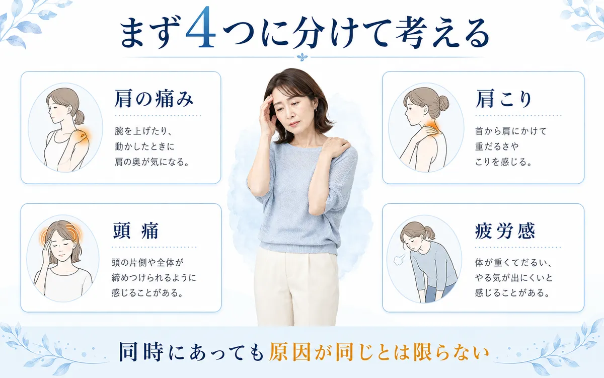 肩の痛み・肩こり・頭痛・疲労感を4つに分けて整理する図