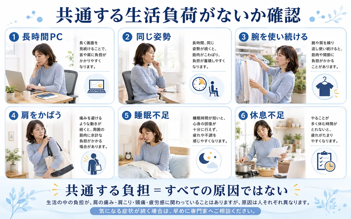 長時間PC作業・同じ姿勢・肩をかばう動作・睡眠不足など共通する生活負荷