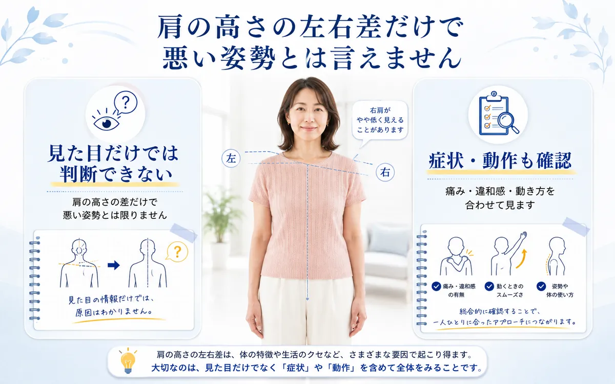 肩の高さに左右差があっても見た目だけでは判断できないことを示す図解