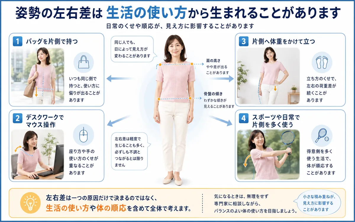 バッグやPC作業など生活場面から姿勢の左右差が生まれることを示す図解