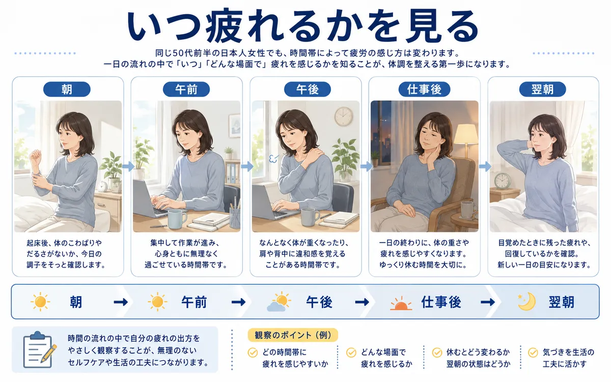 朝から翌朝まで一日のどの時間に疲労感が強くなるか確認する図