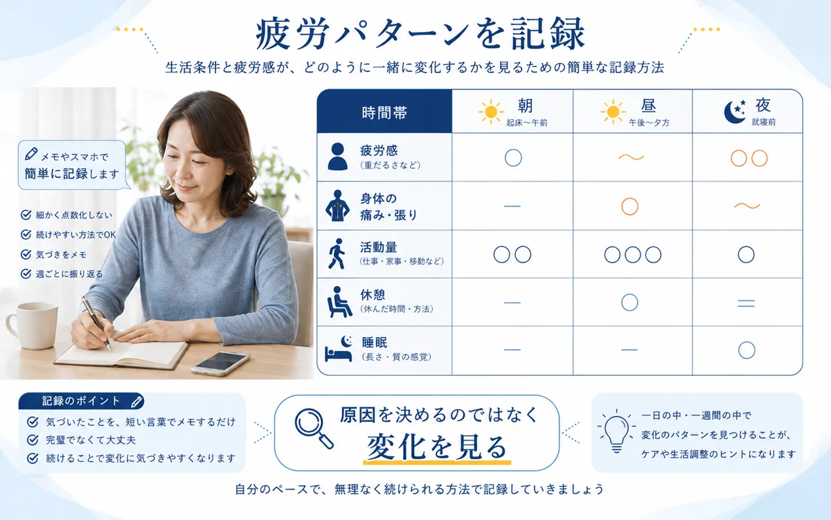 月曜・水曜・金曜・休日・休日明けで疲労感と生活条件の変化を確認する図