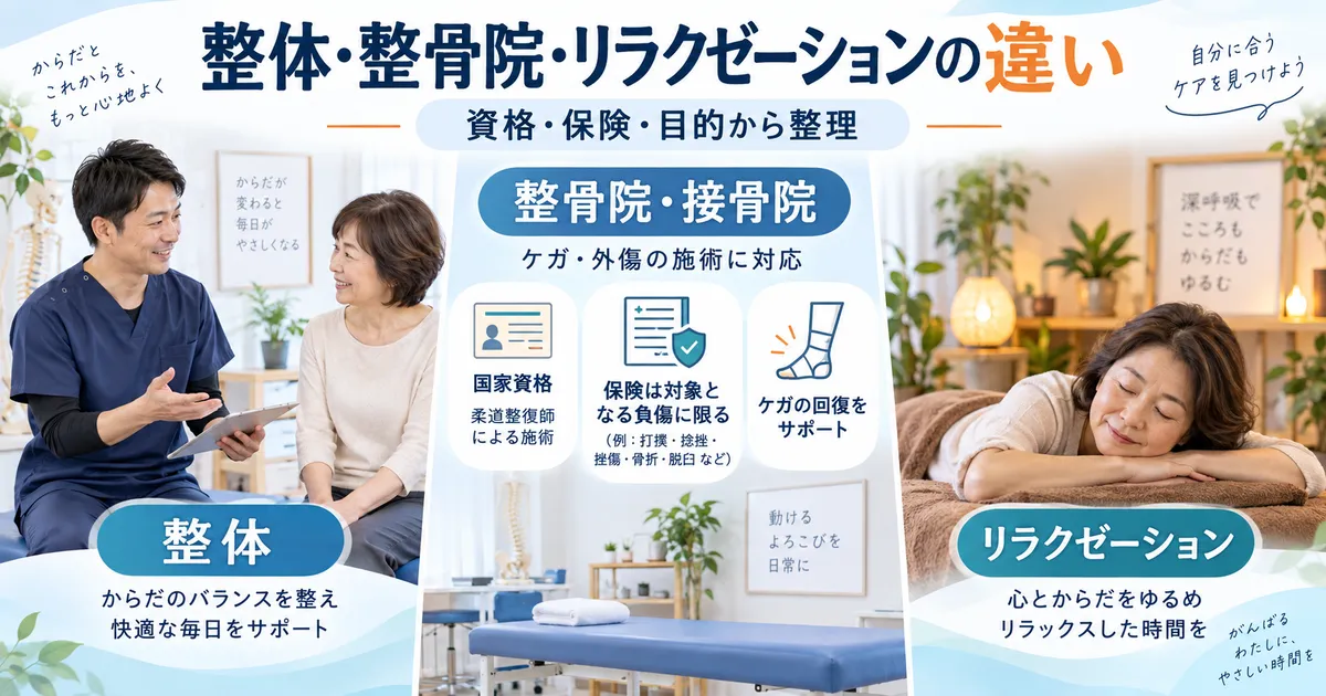 整体・整骨院・リラクゼーションの違いを資格・保険・利用目的から比較するイメージ