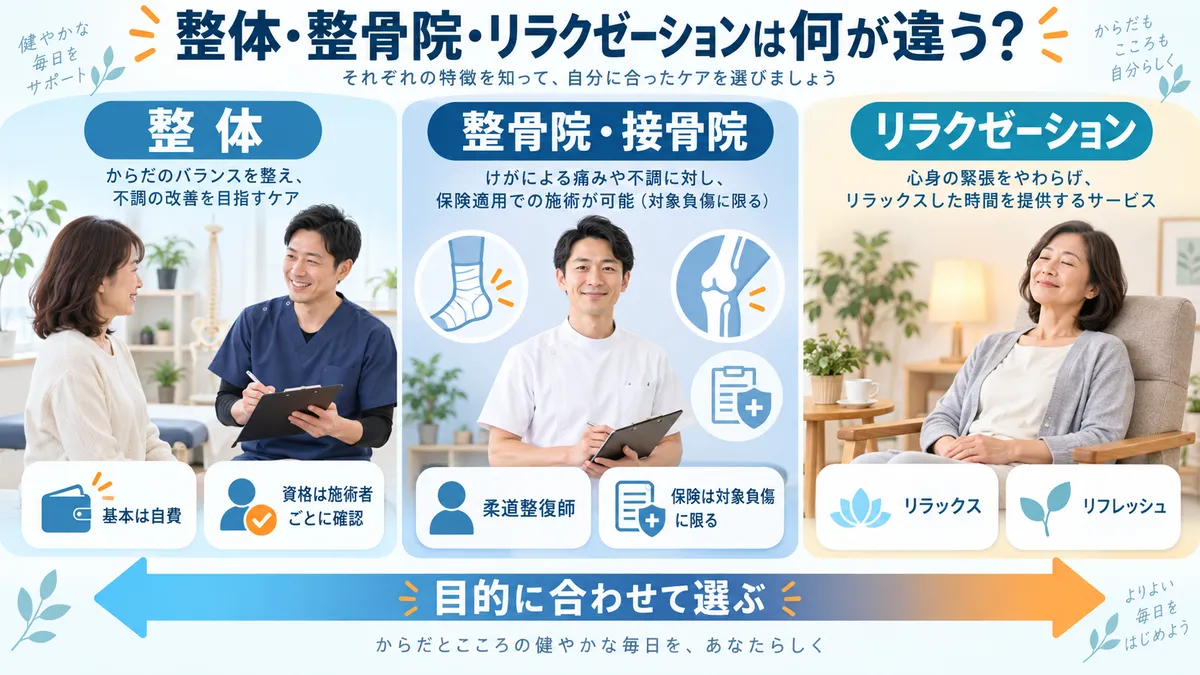 整体・整骨院・接骨院・リラクゼーションの主な目的と制度の違いを比較した図