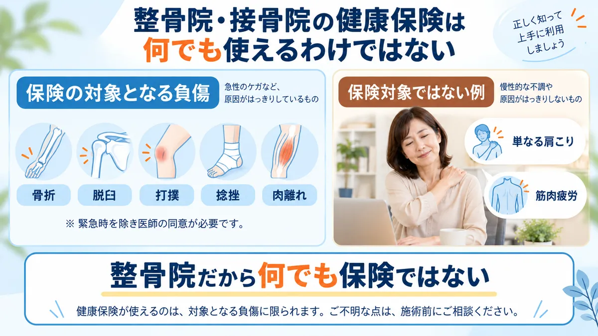 整骨院・接骨院で健康保険の対象となる負傷と肩こり・筋肉疲労など対象外の例