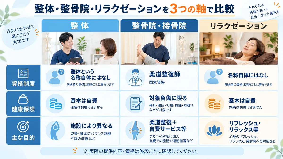 整体・整骨院・リラクゼーションを国家資格制度・健康保険・利用目的で比較した図