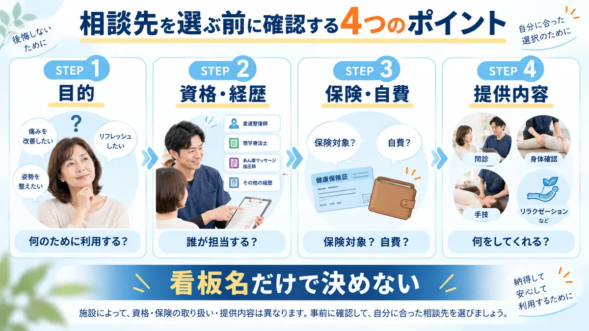 相談先を目的・資格と経歴・保険か自費か・提供内容の4項目で確認する流れ