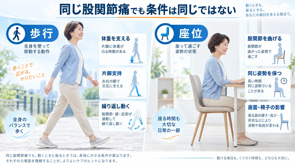 歩行では体重支持と反復運動、座位では股関節を曲げた姿勢を保つという条件の違い