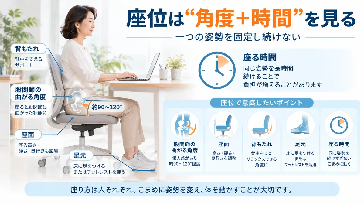 長時間座位で股関節を曲げた状態を保ち椅子や座る時間の影響を確認する図