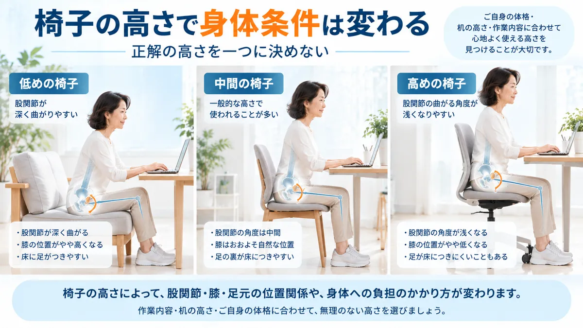 椅子の高さや座る深さによって股関節の曲がる角度や足元の条件が変わる比較図